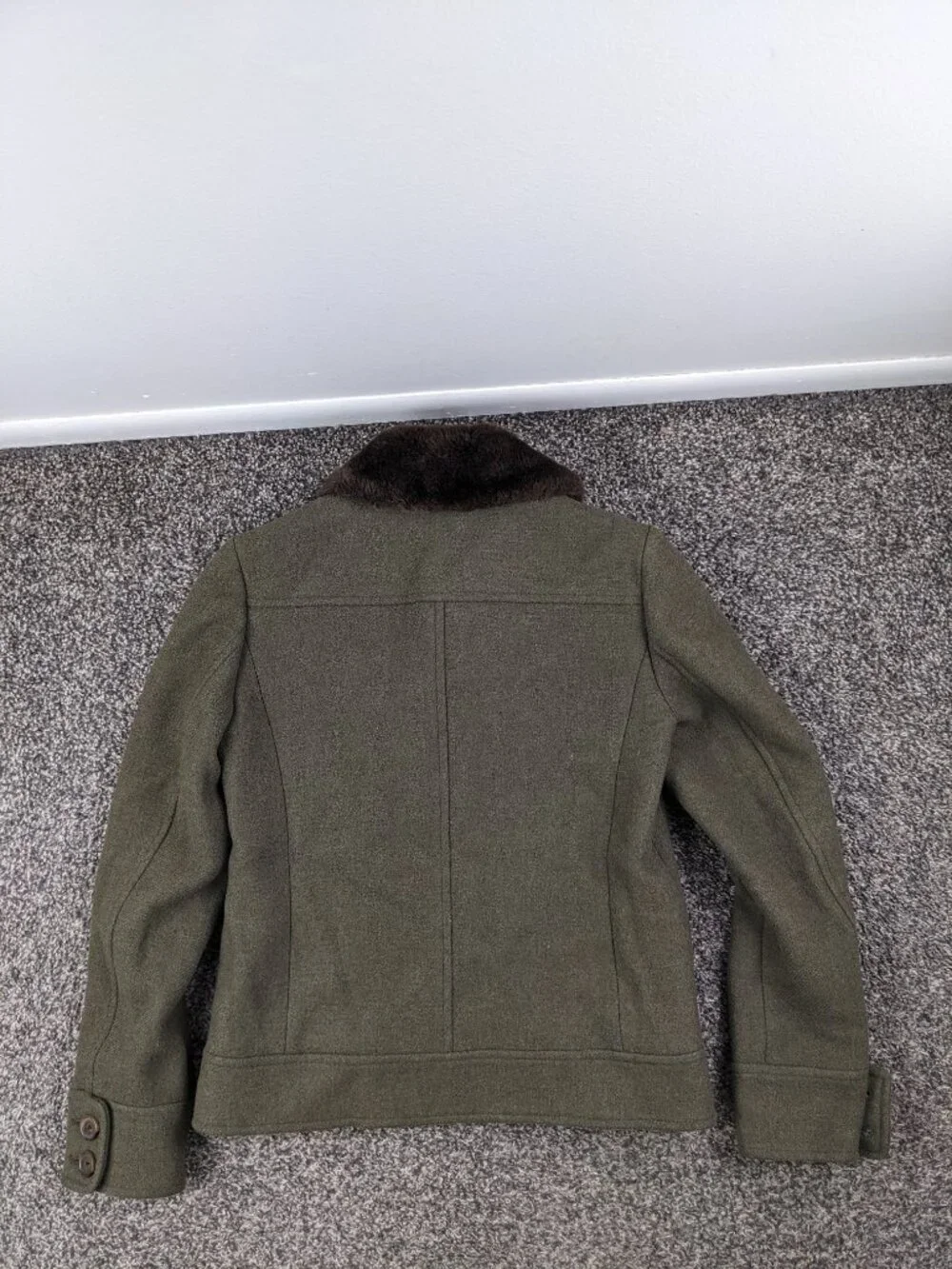 J Crew Pea Coat Wool Double Breasted Faux Fur Collar Green Womens 4